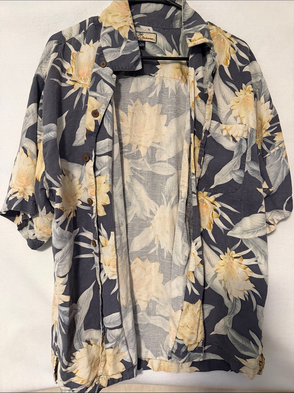Tommy Bahama Gray Hawaiian Silk Shirt with Cream and Pale Yellow Floral Print